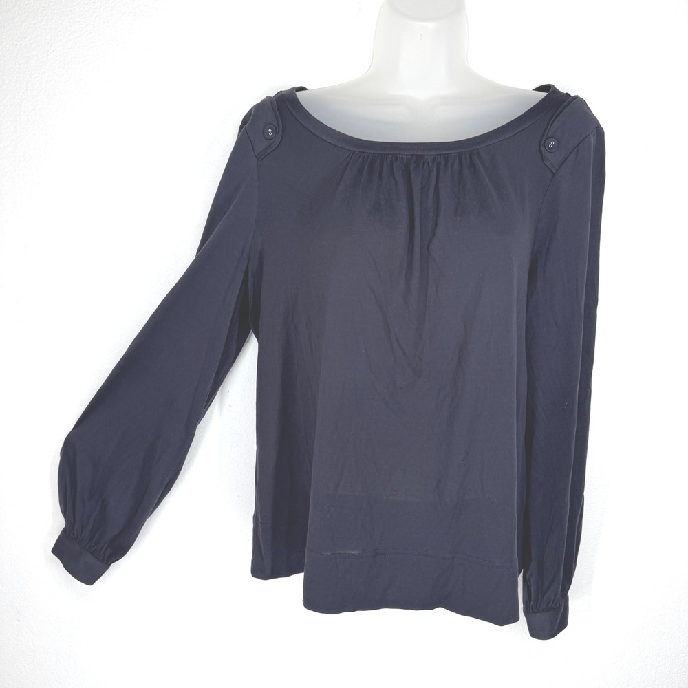 Tory‎ Burch Navy Blue 100% Silk Gathered Neck Epaulet Long Sleeve Blouse Medium